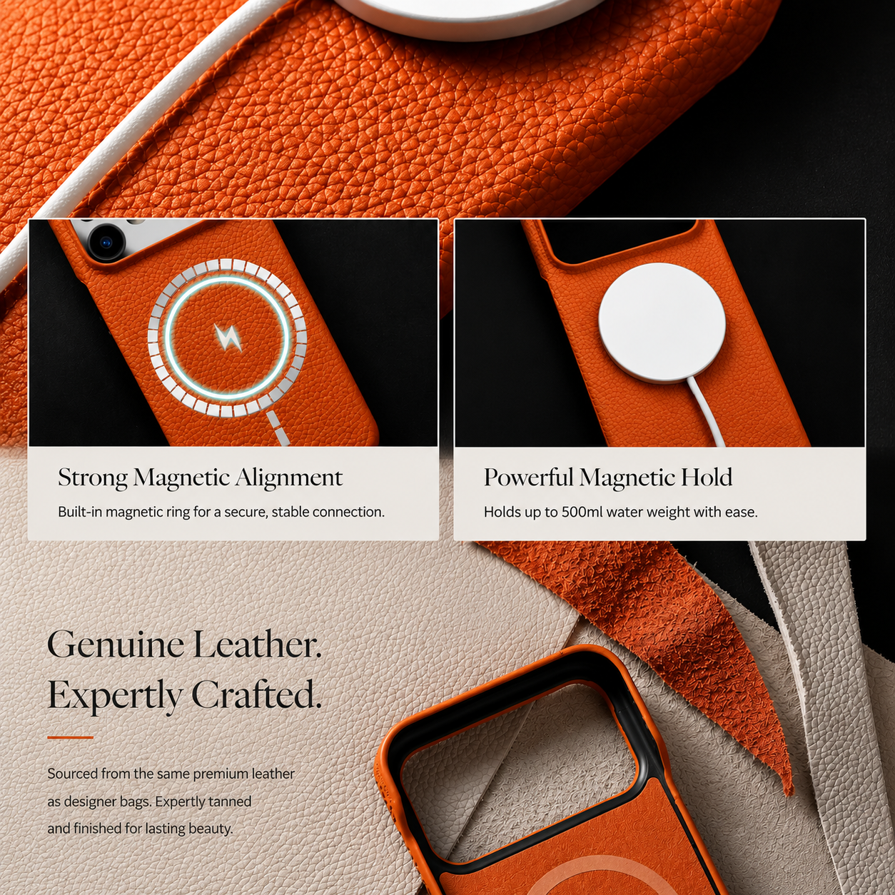 Premium iPhone Case MagSafe Compatible Genuine Leather Protective Cover Magnetic Camera Lens Protection Anti Scratch Slim Full Coverage