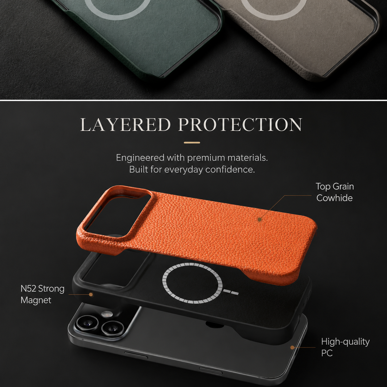 Premium iPhone Case MagSafe Compatible Genuine Leather Protective Cover Magnetic Camera Lens Protection Anti Scratch Slim Full Coverage