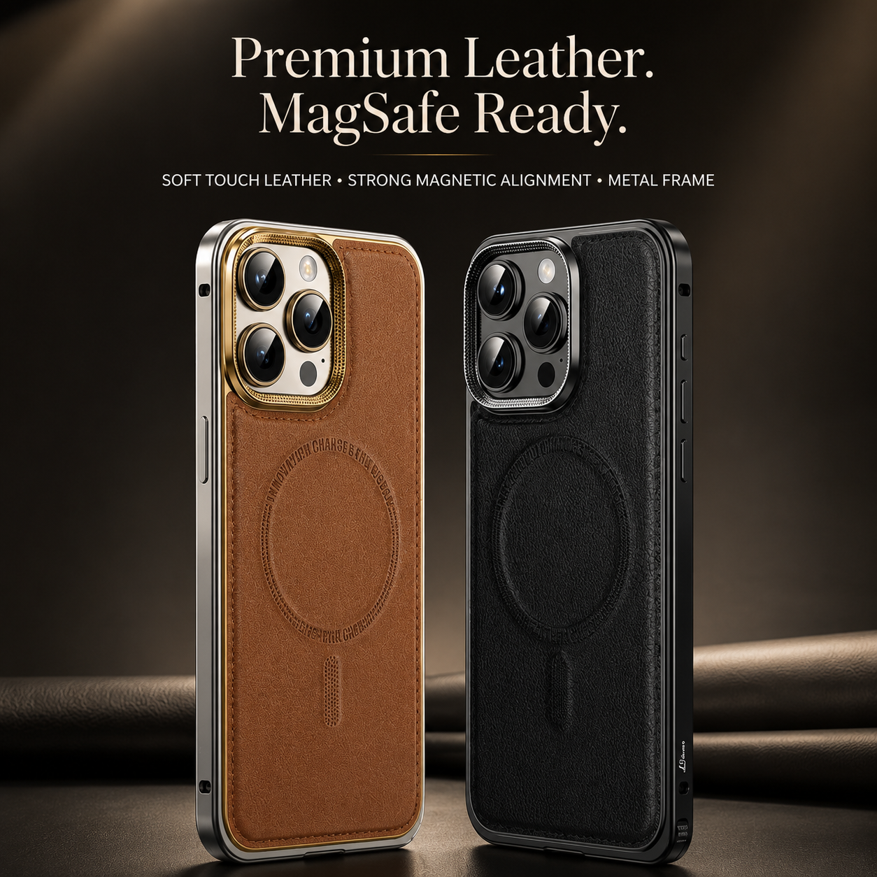 Premium iPhone Case MagSafe Compatible Leather Backplate Aluminum Alloy Frame Shockproof Protective Cover Wireless Charging Slim Luxury Design