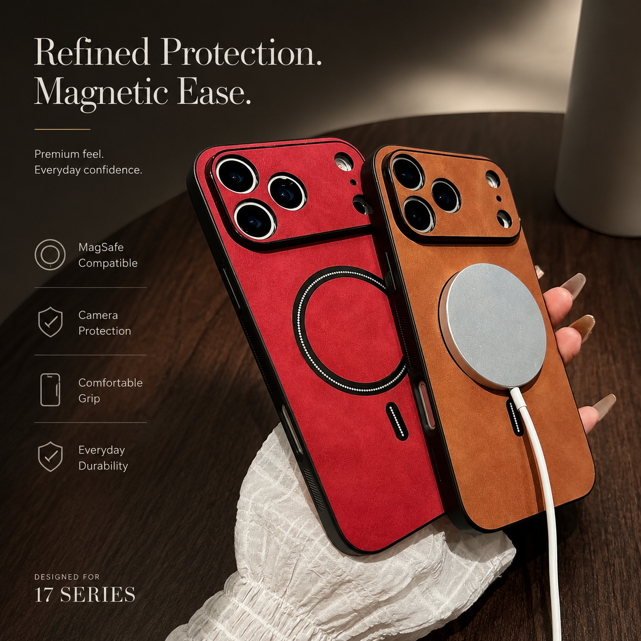 Premium iPhone Case MagSafe Compatible Leather Shockproof Protective Cover Magnetic Wireless Charging Slim Full Coverage Camera Lens Protection Anti Scratch