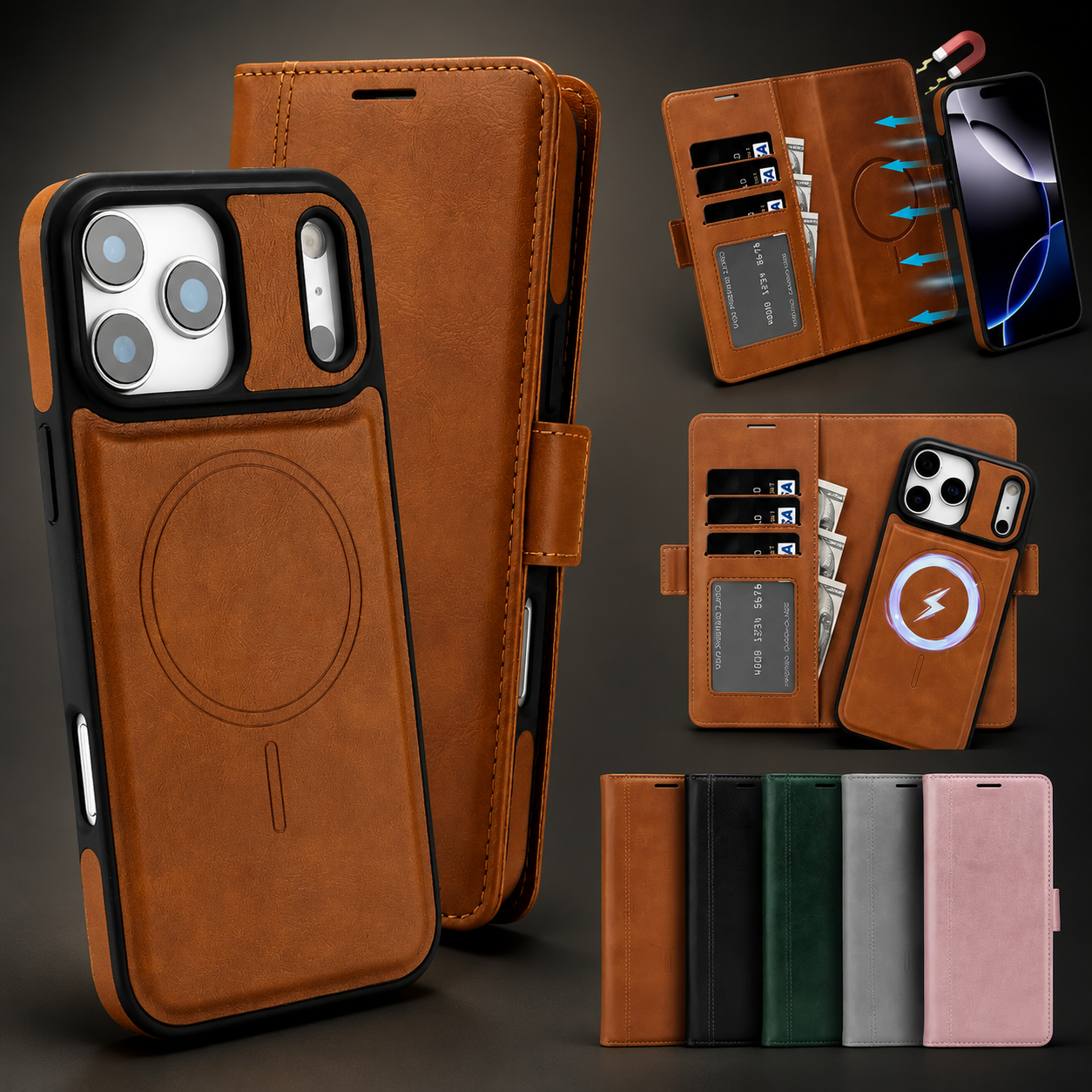 Premium iPhone Case MagSafe Compatible Magnetic Leather Wallet Cover Card Holder Camera Lens Protection Shockproof Matte Anti Scratch Full Coverage