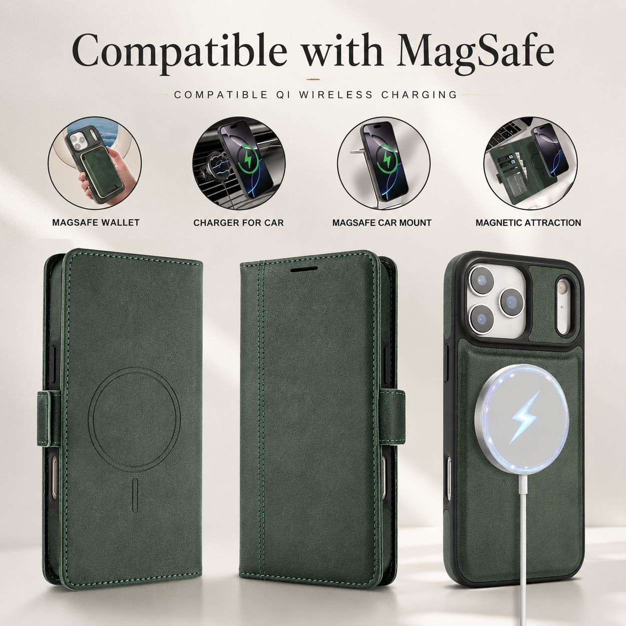 Premium iPhone Case MagSafe Compatible Magnetic Leather Wallet Cover Card Holder Camera Lens Protection Shockproof Matte Anti Scratch Full Coverage