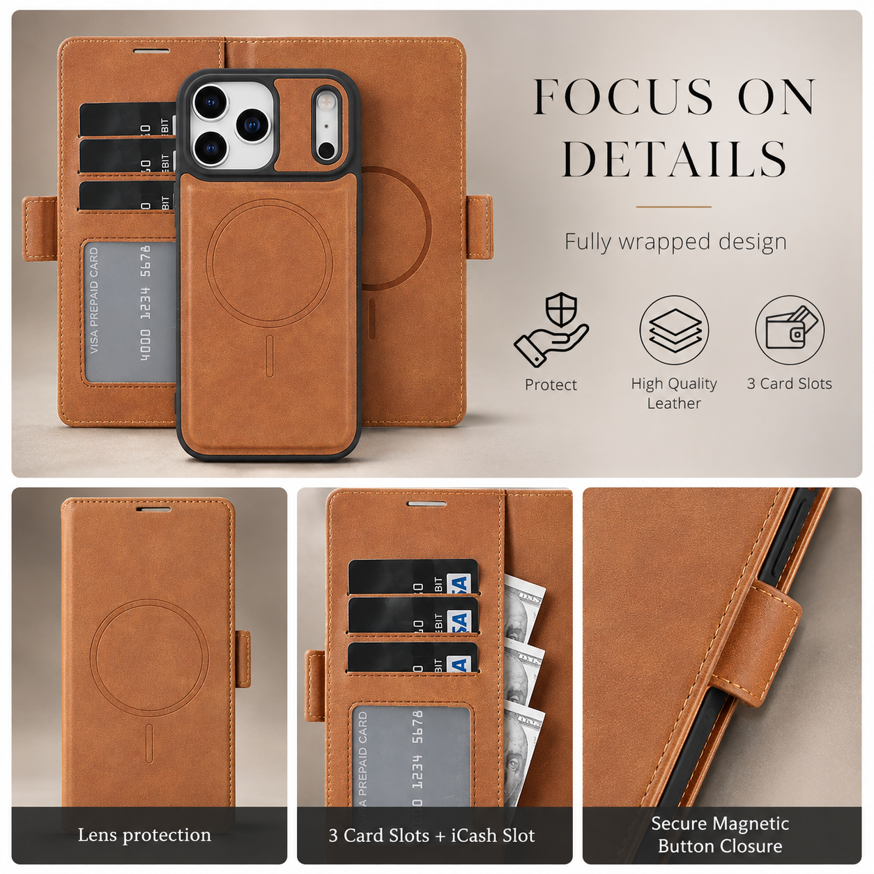 Premium iPhone Case MagSafe Compatible Magnetic Leather Wallet Cover Card Holder Camera Lens Protection Shockproof Matte Anti Scratch Full Coverage