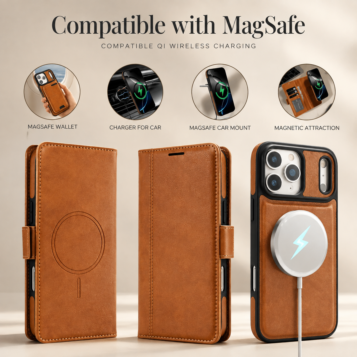 Premium iPhone Case MagSafe Compatible Magnetic Leather Wallet Cover Card Holder Camera Lens Protection Shockproof Matte Anti Scratch Full Coverage
