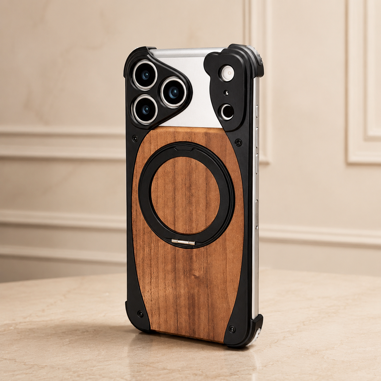 Premium iPhone Case MagSafe Compatible Magnetic Metal Frame Walnut Wood Cover 360 Rotating Ring Stand Shockproof Camera Protection Slim Design