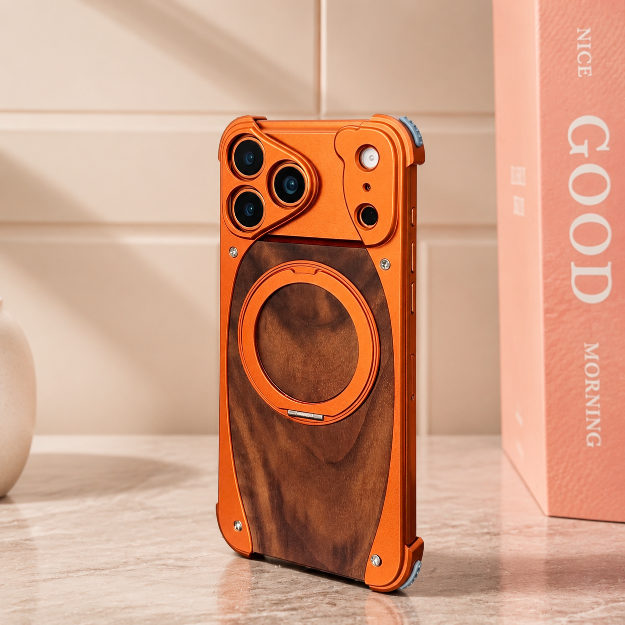 Premium iPhone Case MagSafe Compatible Magnetic Metal Frame Walnut Wood Cover 360 Rotating Ring Stand Shockproof Camera Protection Slim Design