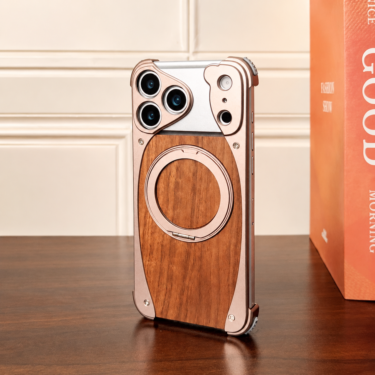 Premium iPhone Case MagSafe Compatible Magnetic Metal Frame Walnut Wood Cover 360 Rotating Ring Stand Shockproof Camera Protection Slim Design