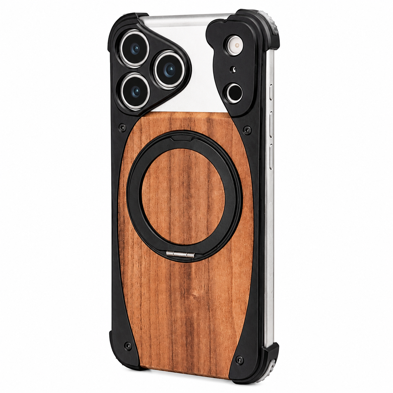 Premium iPhone Case MagSafe Compatible Magnetic Metal Frame Walnut Wood Cover 360 Rotating Ring Stand Shockproof Camera Protection Slim Design