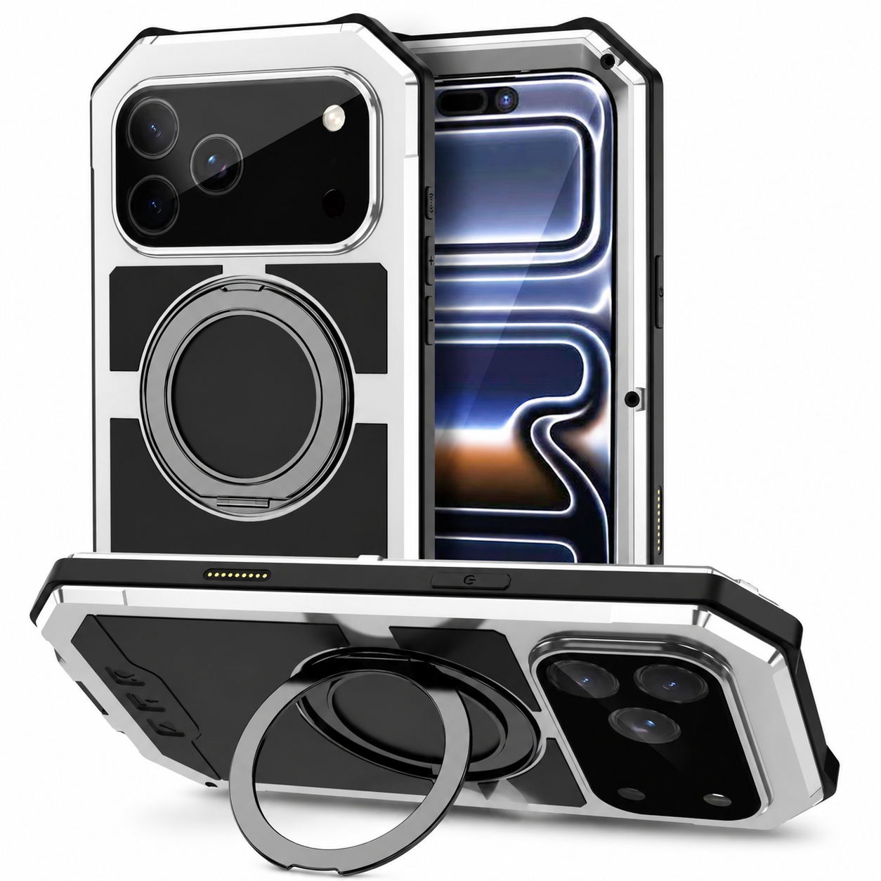 Premium iPhone Case MagSafe Compatible Magnetic Protective Cover Aluminum Armor Frame Built-in Kickstand Glass Screen Protector Shockproof Full Body Design