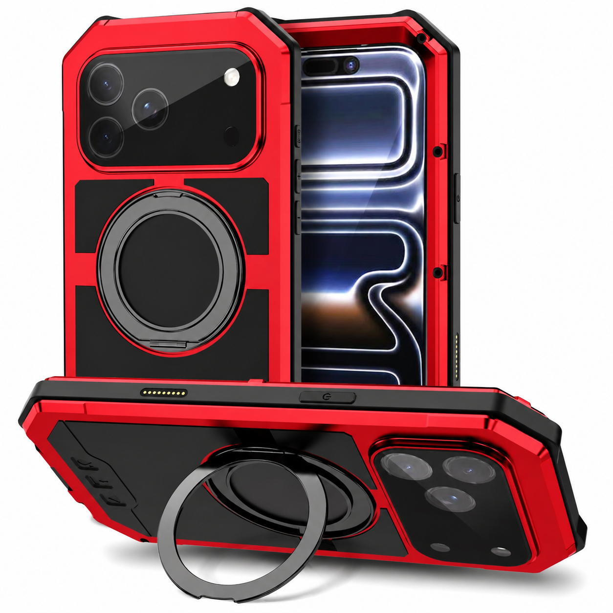 Premium iPhone Case MagSafe Compatible Magnetic Protective Cover Aluminum Armor Frame Built-in Kickstand Glass Screen Protector Shockproof Full Body Design