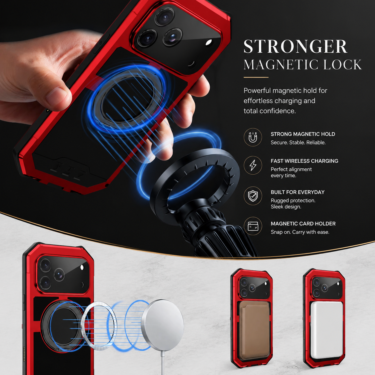 Premium iPhone Case MagSafe Compatible Magnetic Protective Cover Aluminum Armor Frame Built-in Kickstand Glass Screen Protector Shockproof Full Body Design