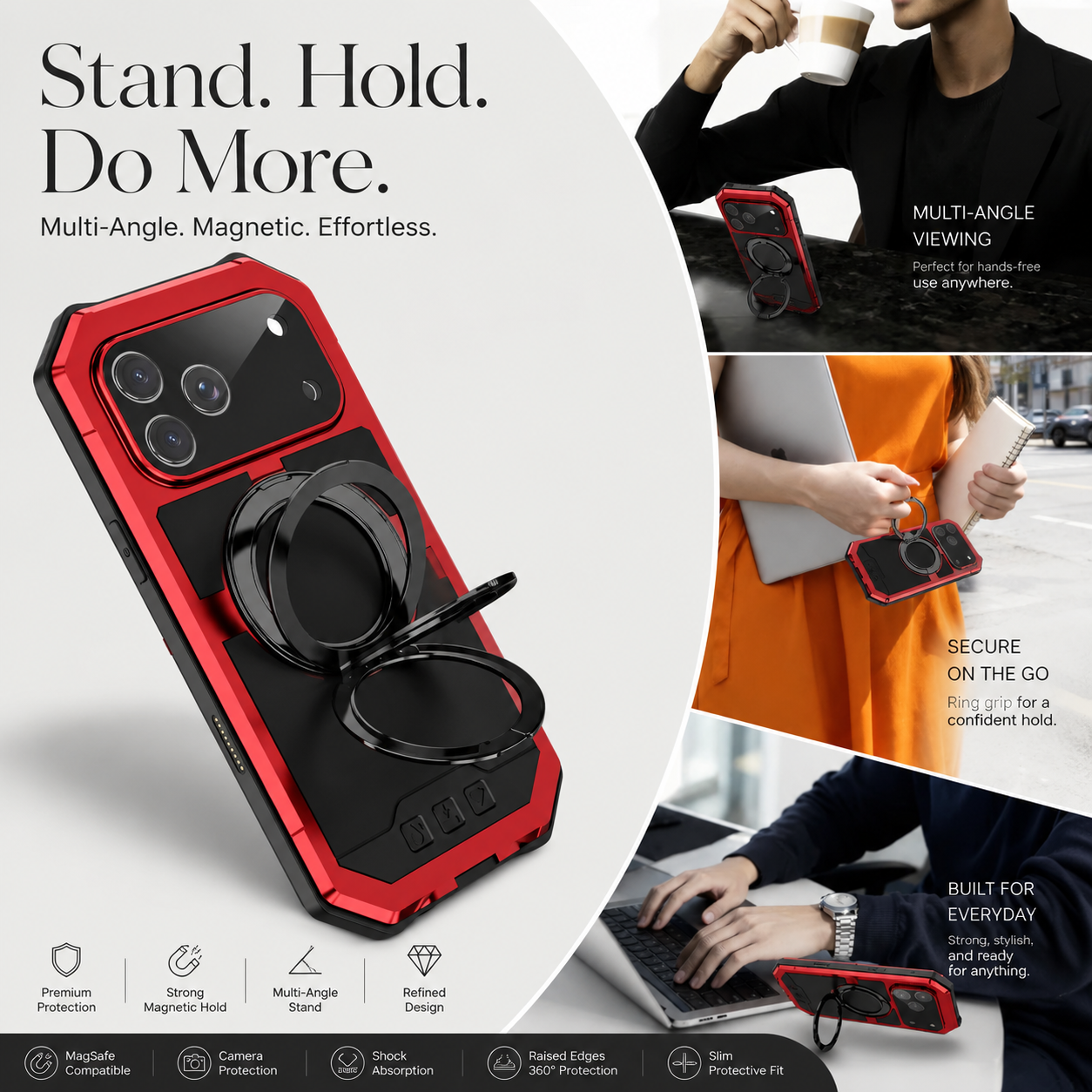 Premium iPhone Case MagSafe Compatible Magnetic Protective Cover Aluminum Armor Frame Built-in Kickstand Glass Screen Protector Shockproof Full Body Design