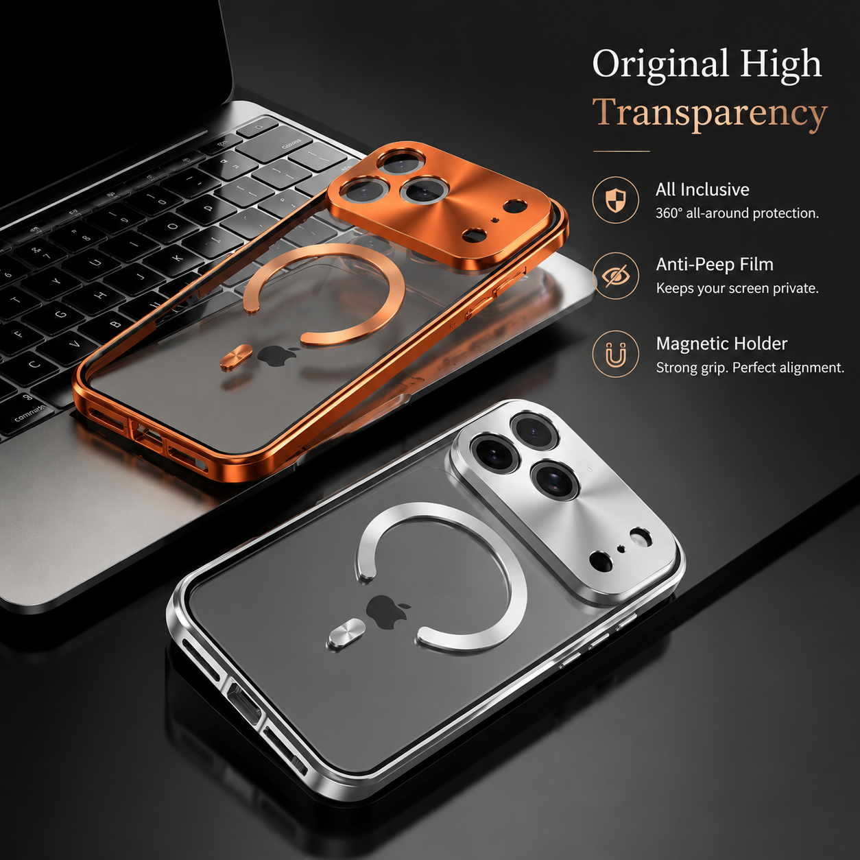 Premium iPhone Case MagSafe Compatible Magnetic Protective Cover Aluminum Frame Privacy Screen Protector Clear Back Shockproof Camera Lens Guard Design