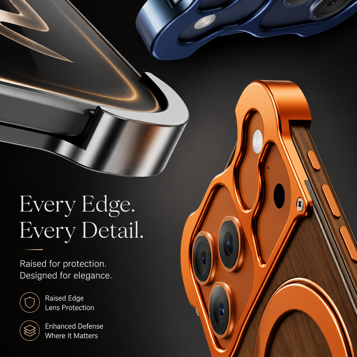 Premium iPhone Case MagSafe Compatible Magnetic Protective Cover Wood Back Aluminum Frame 360° Rotating Ring Stand Shockproof Camera Lens Guard Design