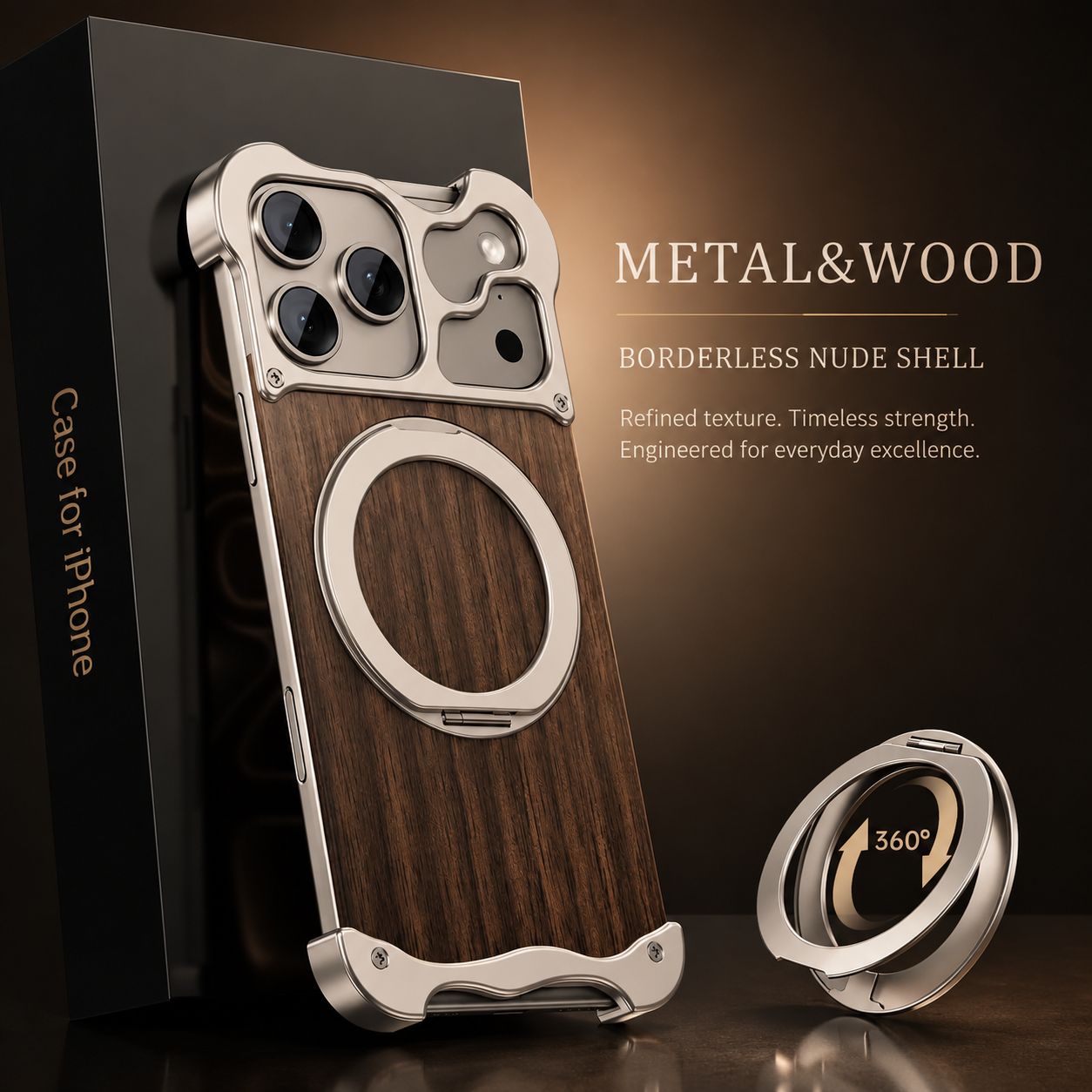 Premium iPhone Case MagSafe Compatible Magnetic Protective Cover Wood Back Aluminum Frame 360° Rotating Ring Stand Shockproof Camera Lens Guard Design