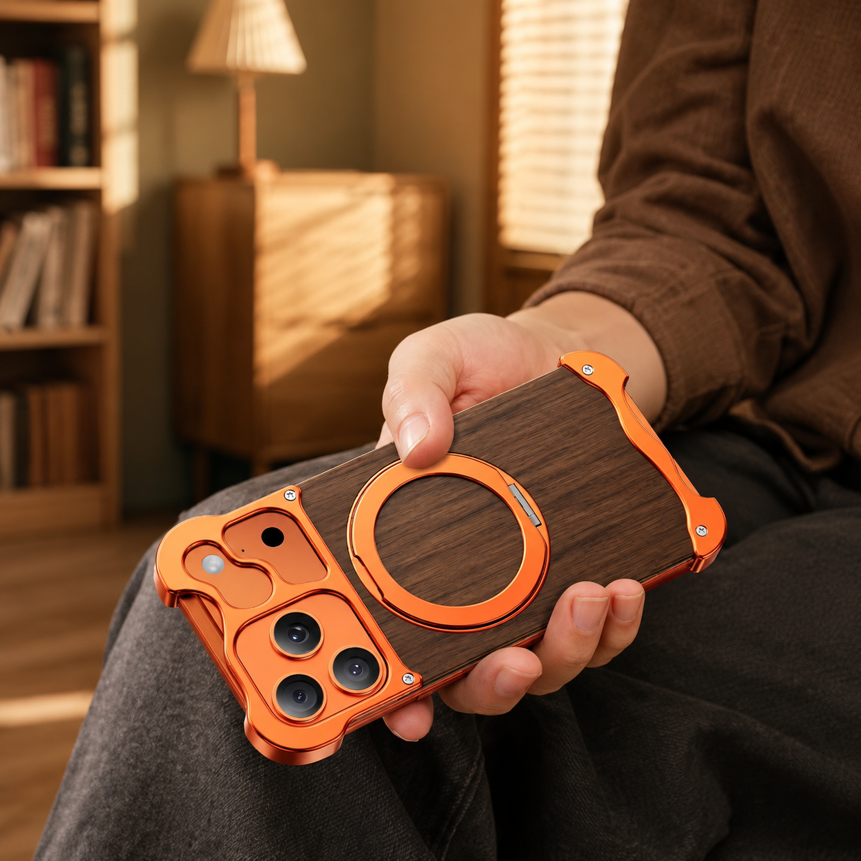 Premium iPhone Case MagSafe Compatible Magnetic Protective Cover Wood Back Aluminum Frame 360° Rotating Ring Stand Shockproof Camera Lens Guard Design