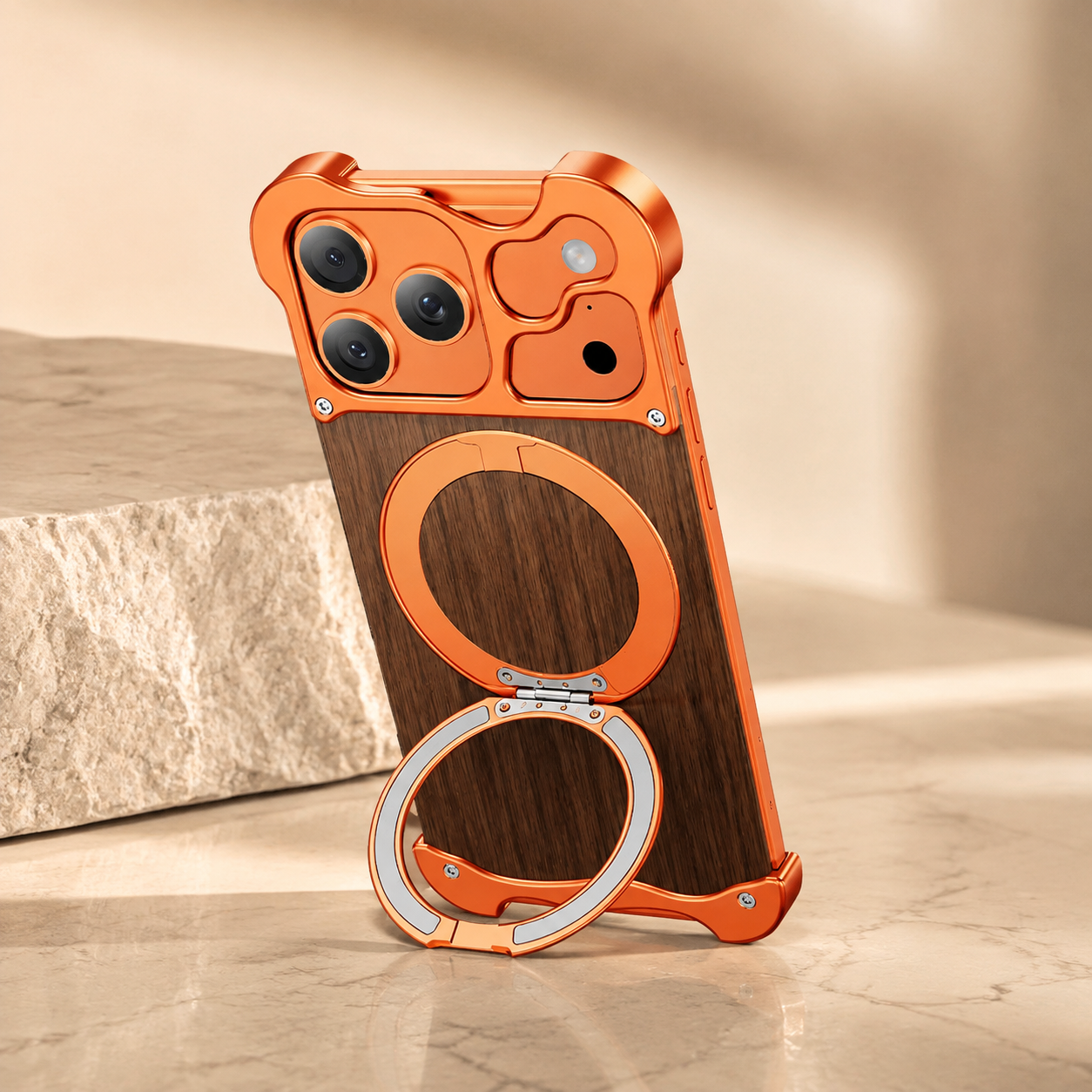Premium iPhone Case MagSafe Compatible Magnetic Protective Cover Wood Back Aluminum Frame 360° Rotating Ring Stand Shockproof Camera Lens Guard Design