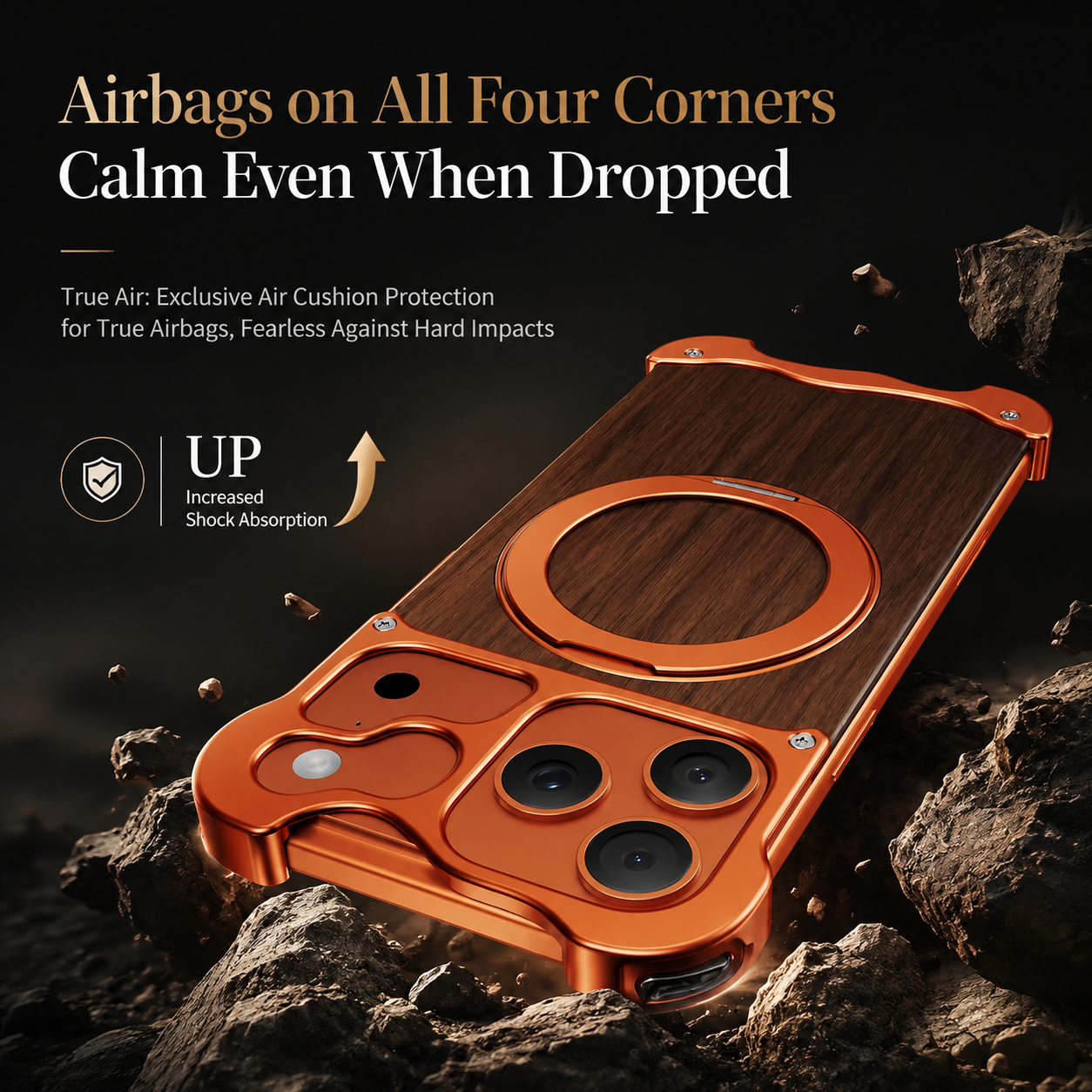Premium iPhone Case MagSafe Compatible Magnetic Protective Cover Wood Back Aluminum Frame 360° Rotating Ring Stand Shockproof Camera Lens Guard Design
