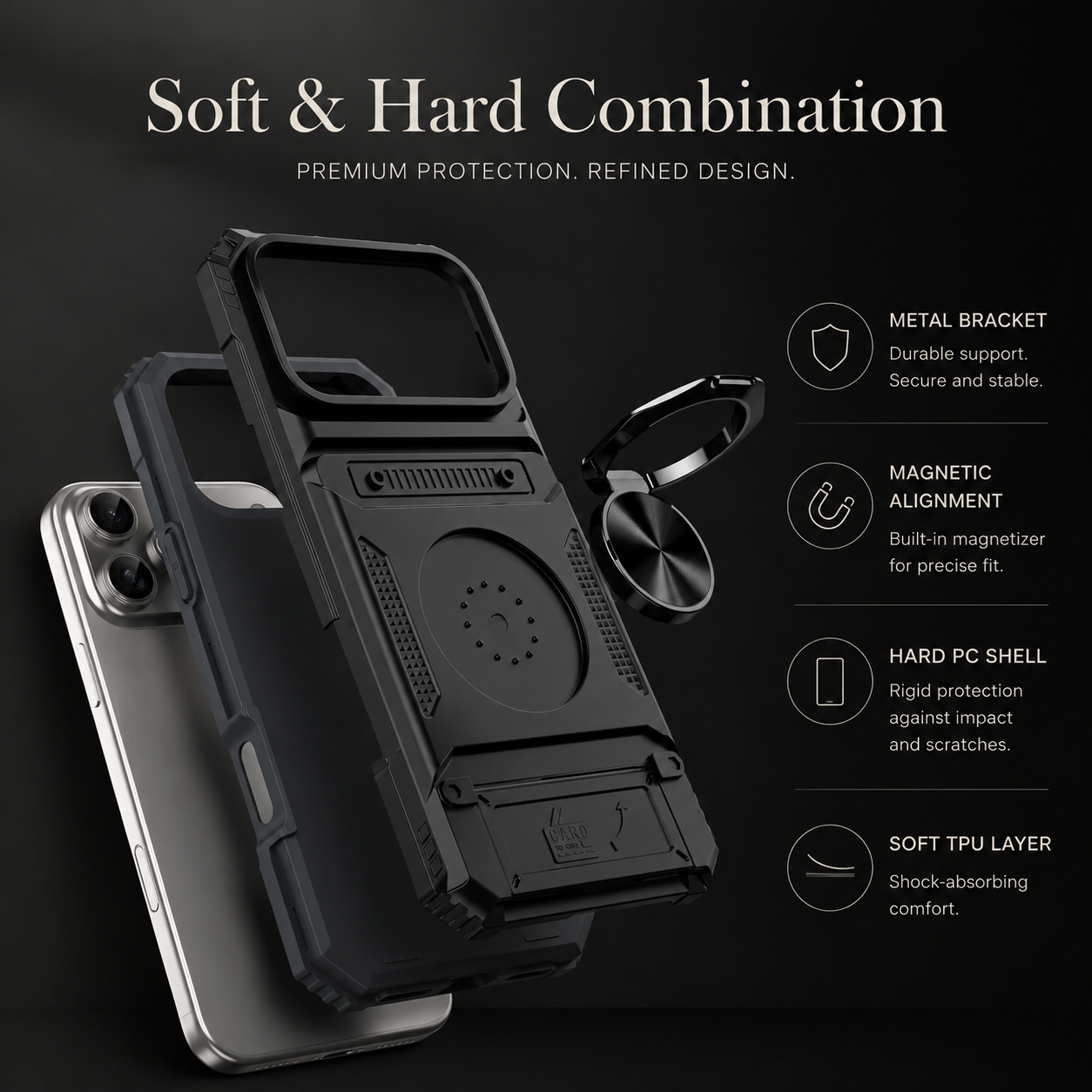 Premium iPhone Case MagSafe Compatible Magnetic Rotating Ring Kickstand Wallet Cover Heavy Duty Shockproof Protective PC Case Card Holder Full Coverage