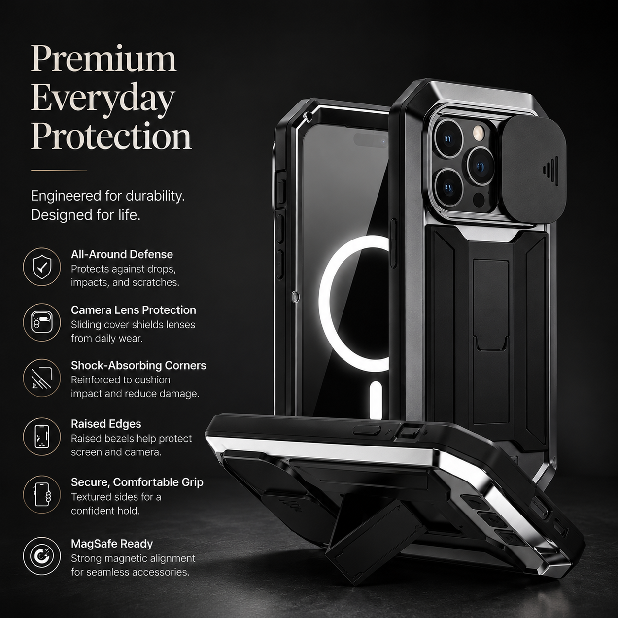 Premium iPhone Case MagSafe Compatible Military Heavy Duty Metal Armor Protective Cover Full Body Shockproof Aluminum Frame Camera Cover Design