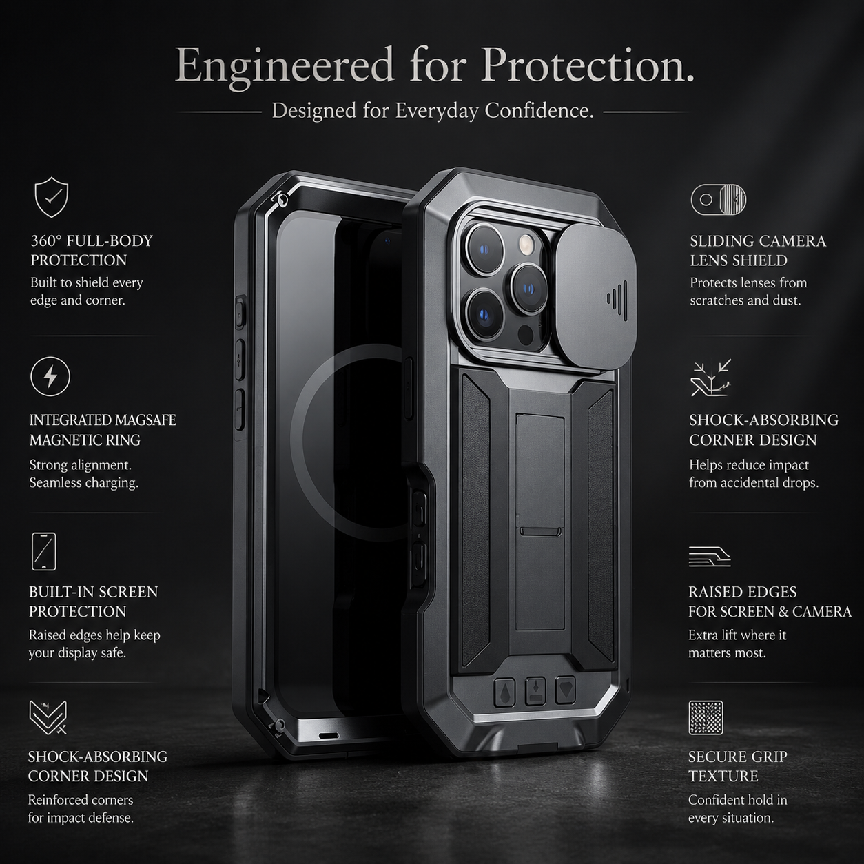 Premium iPhone Case MagSafe Compatible Military Metal Armor Full Body Protective Cover Shockproof Slide Camera Protection Built-In Screen Protector Rugged Design