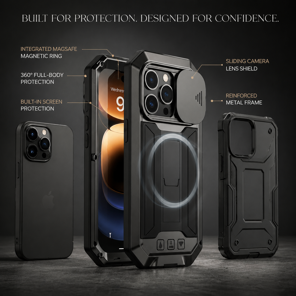 Premium iPhone Case MagSafe Compatible Military Metal Armor Full Body Protective Cover Shockproof Slide Camera Protection Built-In Screen Protector Rugged Design