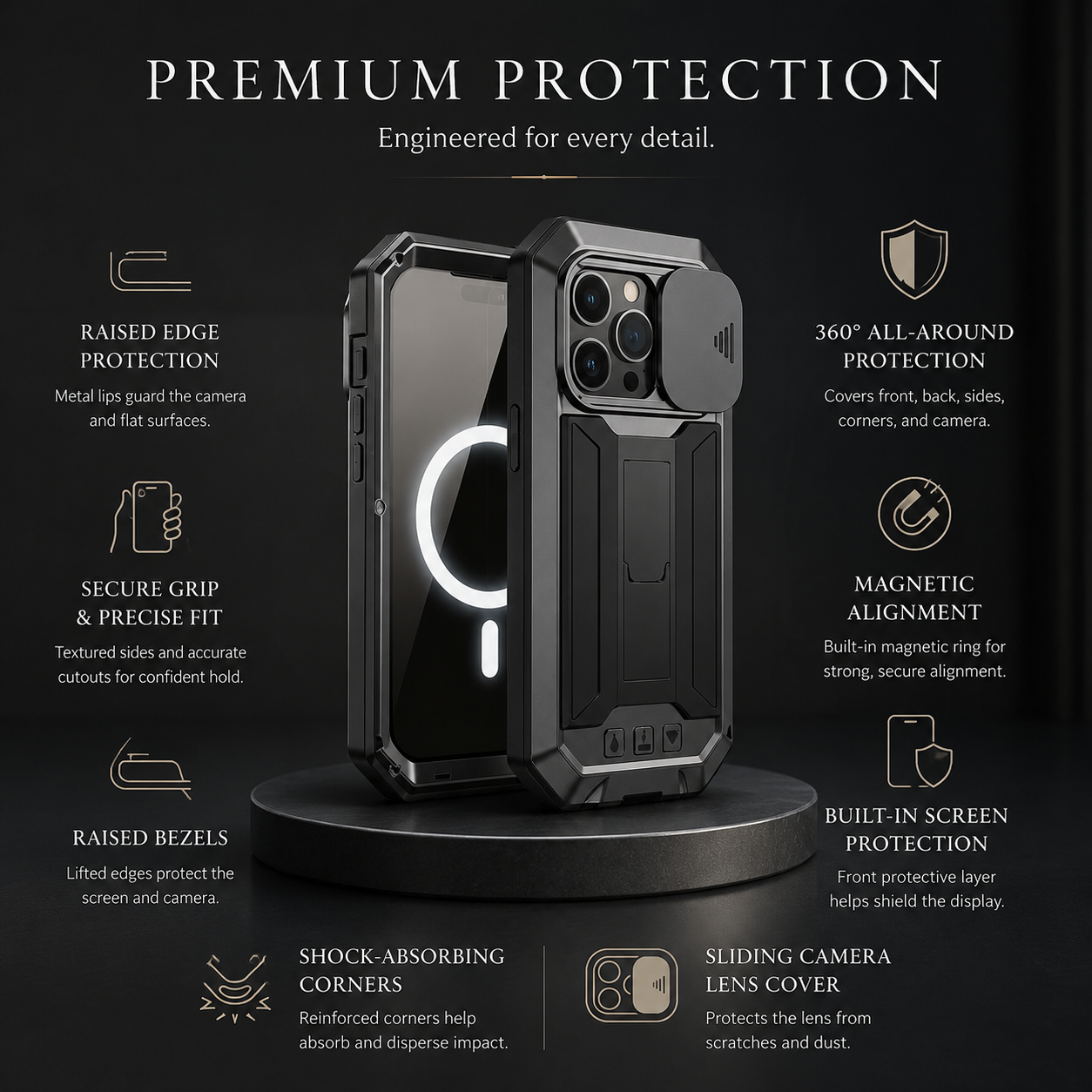 Premium iPhone Case MagSafe Compatible Military Metal Armor Full Body Protective Cover Shockproof Slide Camera Protection Built-In Screen Protector Rugged Design