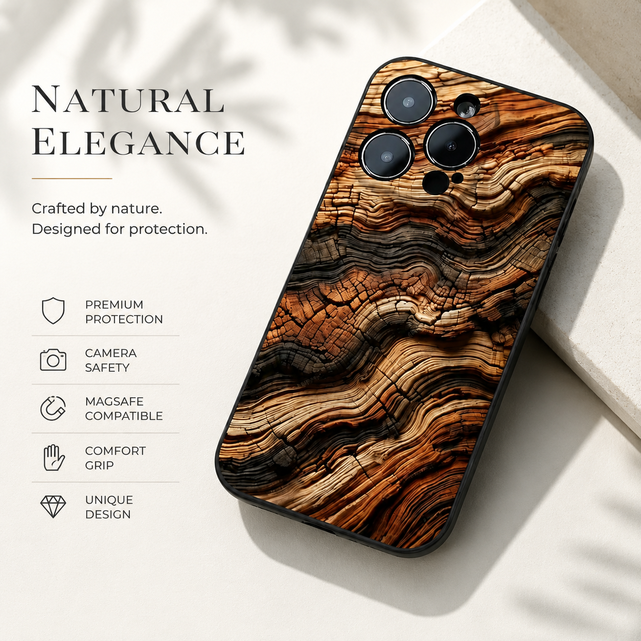 Premium iPhone Case MagSafe Compatible Natural Wood Cover Shockproof TPU Bumper Ultra Thin Protective Back Camera Lens Protection Full Coverage