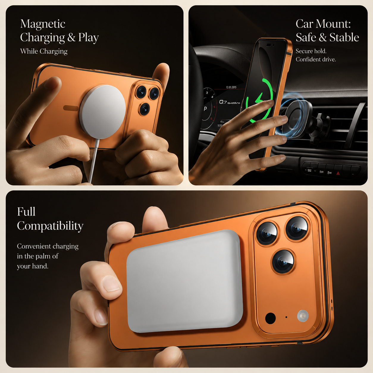 Premium iPhone Case MagSafe Compatible Orange Aluminum Alloy Cover Magnetic Glass Camera Protection Shockproof Matte Anti Scratch Lightweight Design