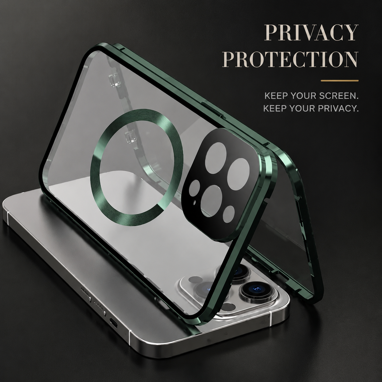 Premium iPhone Case MagSafe Compatible Privacy Tempered Glass Metal Frame Cover Shockproof Full Coverage Anti Scratch Non Slip Protective Slim Design
