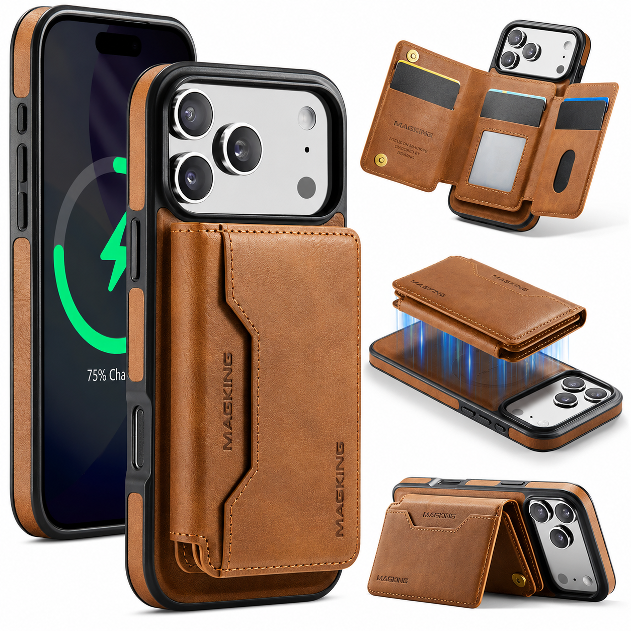 Premium iPhone Case MagSafe Compatible Protective Cover Camera Lens Protection Shockproof Detachable Magnetic PU Leather Wallet Card Holder Anti Scratch Full Coverage