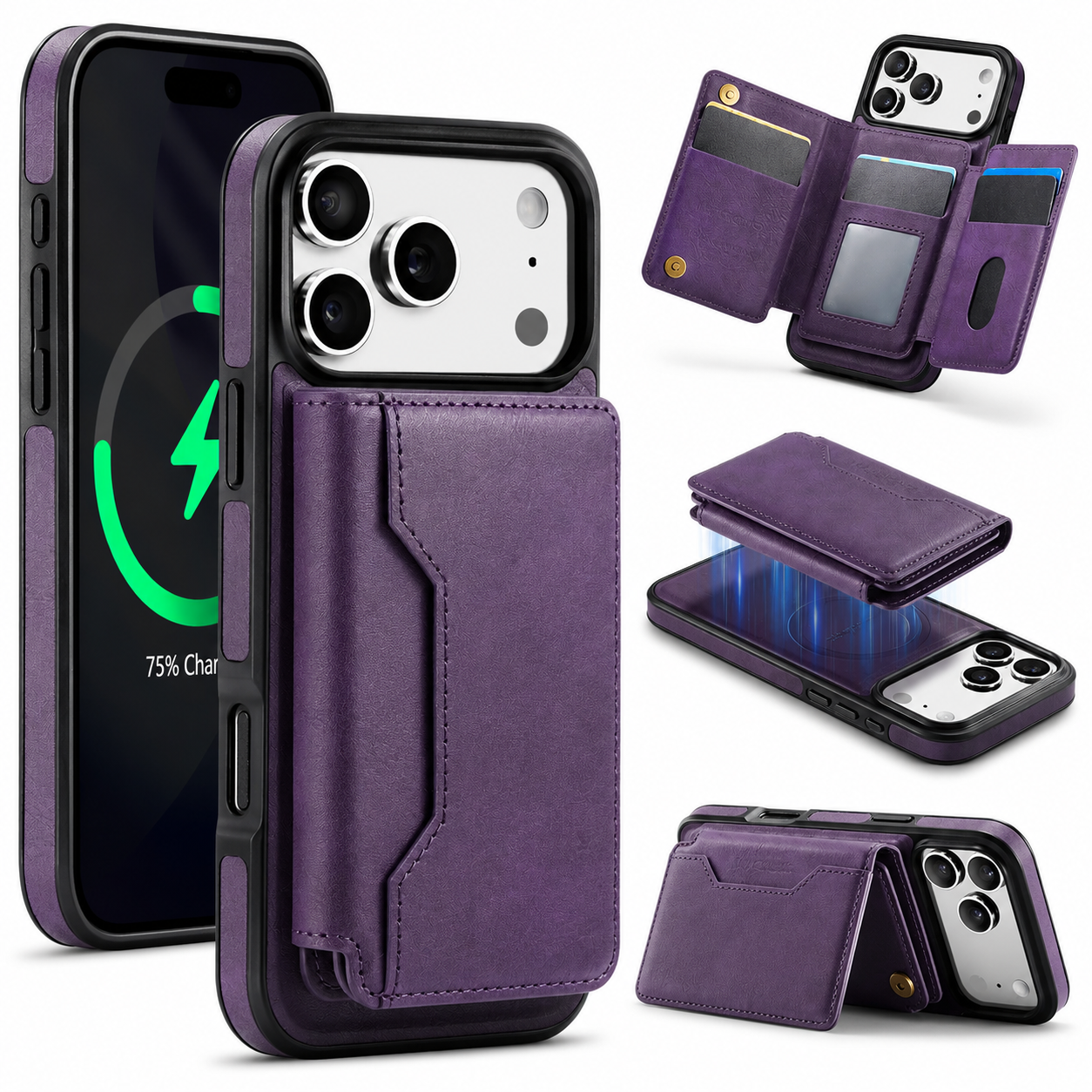 Premium iPhone Case MagSafe Compatible Protective Cover Camera Lens Protection Shockproof Detachable Magnetic PU Leather Wallet Card Holder Anti Scratch Full Coverage