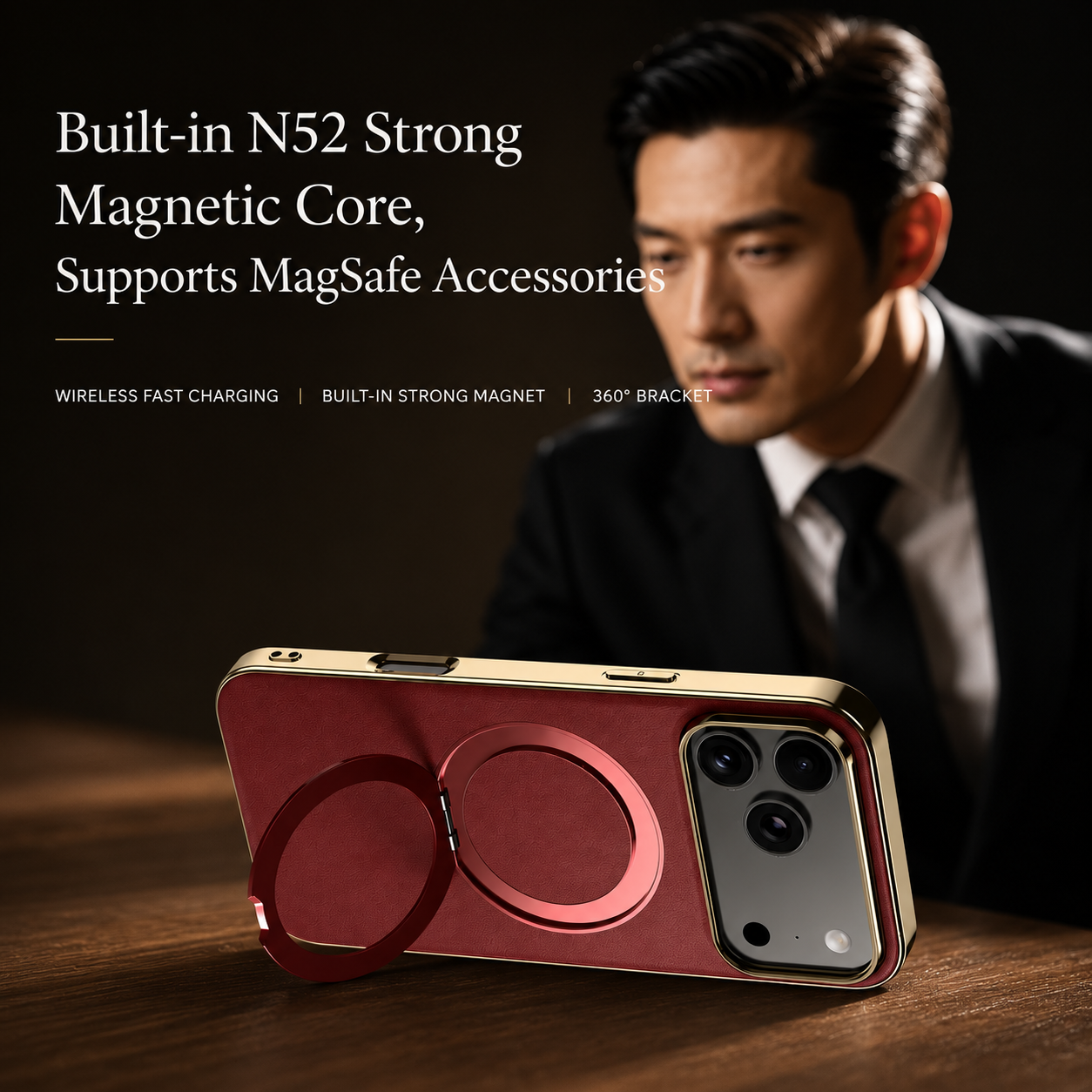 Premium iPhone Case MagSafe Compatible Protective Cover Camera Lens Protection Shockproof Genuine Cowhide Leather Magnetic Ring Holder Anti Scratch Full Coverage
