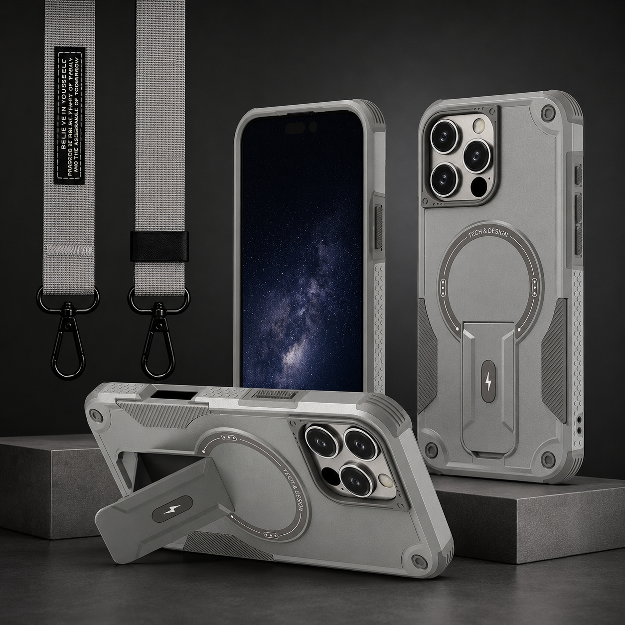 Premium iPhone Case MagSafe Compatible Protective Cover Camera Lens Protection Shockproof Rugged PC TPU Armor Magnetic Kickstand Lanyard Support Full Coverage