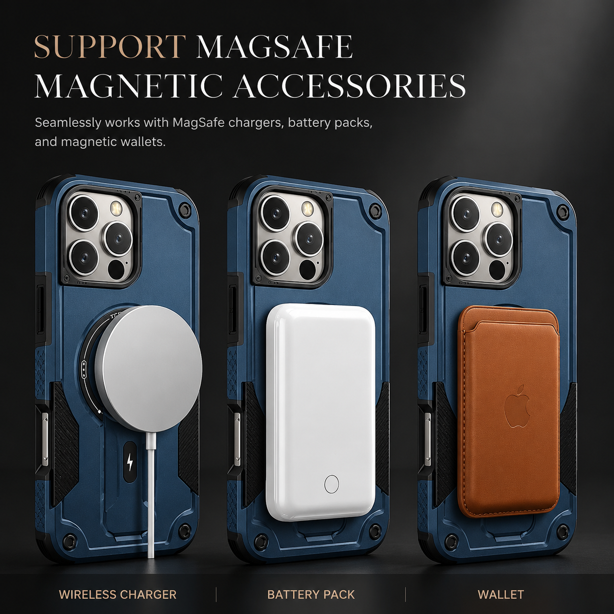Premium iPhone Case MagSafe Compatible Protective Cover Camera Lens Protection Shockproof Rugged PC TPU Armor Magnetic Kickstand Lanyard Support Full Coverage
