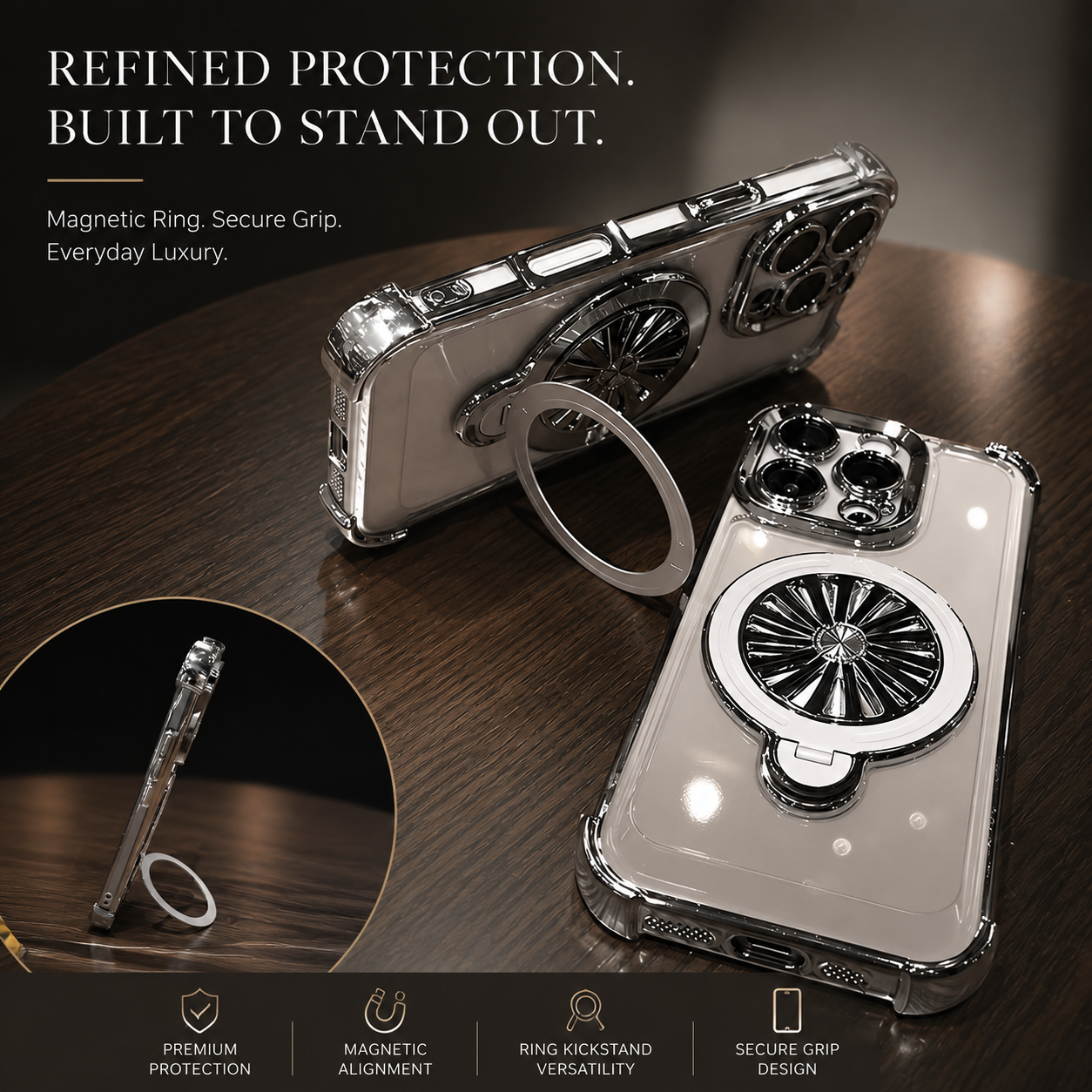 Premium iPhone Case MagSafe Compatible Rotating Gyro Bracket Airbag Shockproof Plating Cover Wireless Charging Protective Case Stand Design