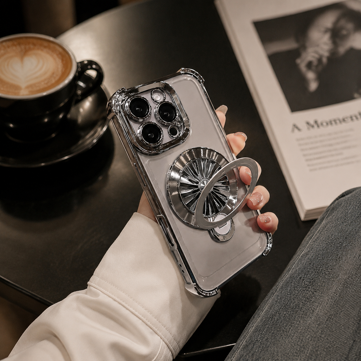 Premium iPhone Case MagSafe Compatible Rotating Gyro Bracket Airbag Shockproof Plating Cover Wireless Charging Protective Case Stand Design