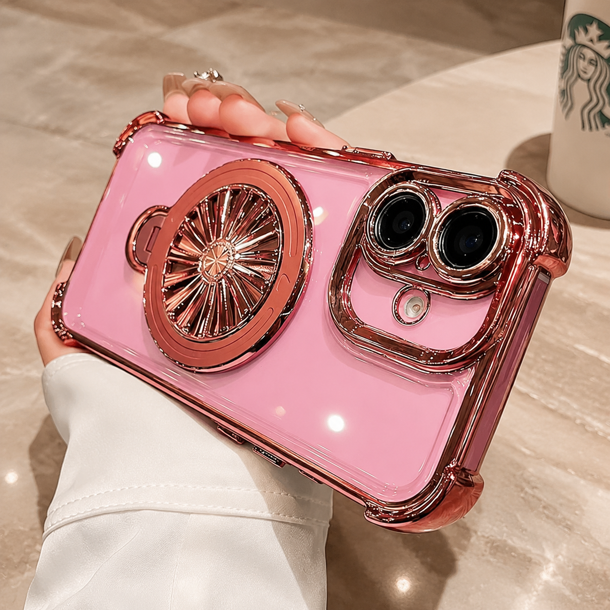 Premium iPhone Case MagSafe Compatible Rotating Gyro Bracket Airbag Shockproof Plating Cover Wireless Charging Protective Case Stand Design