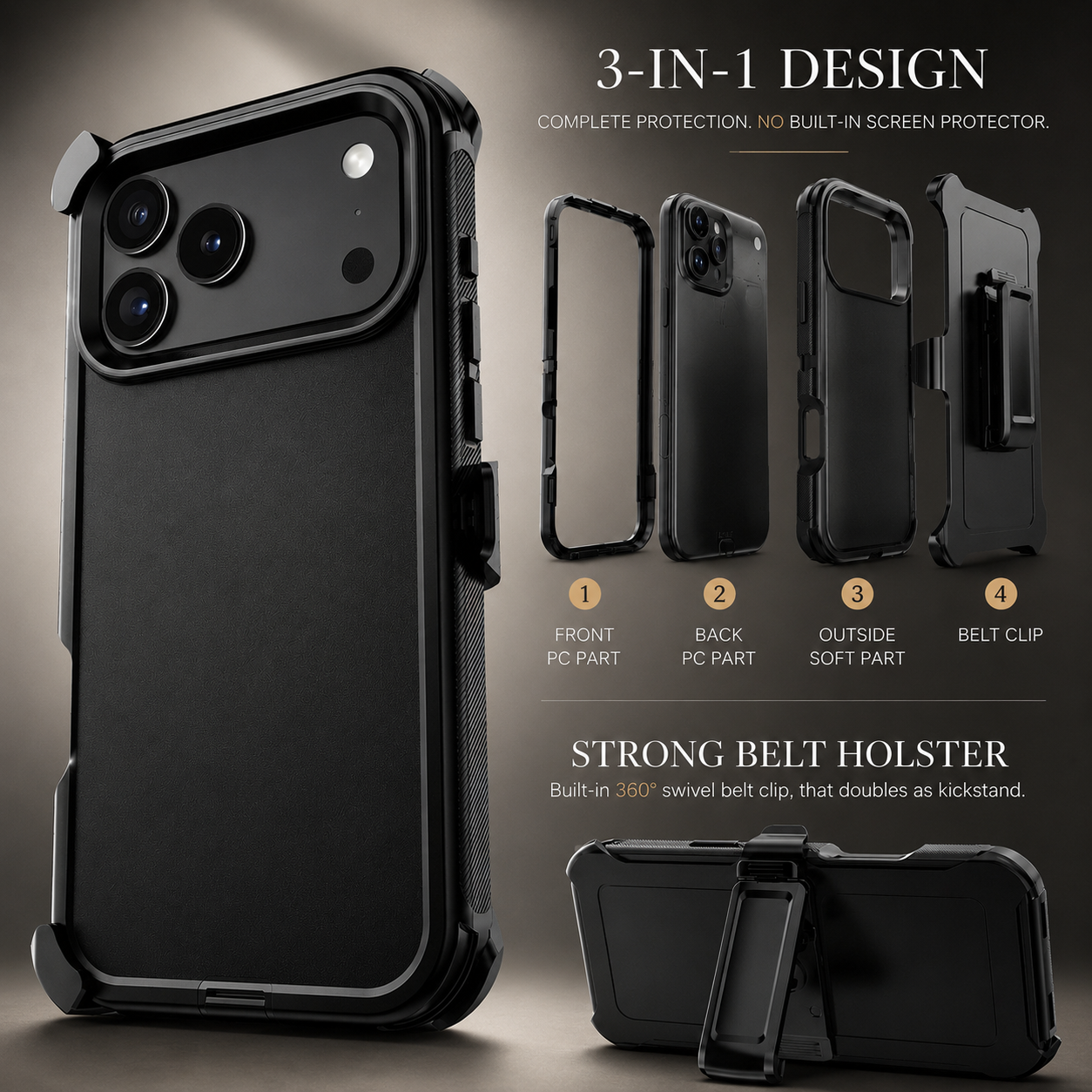 Premium iPhone Case MagSafe Compatible Rugged Holster Protective Cover 3 Layer Shockproof Armor Belt Clip Wireless Charging Anti Scratch Full Coverage
