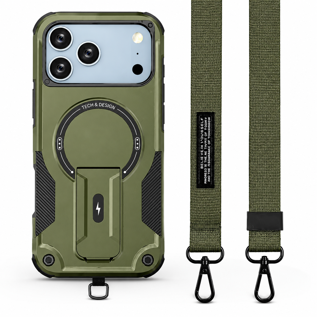Premium iPhone Case MagSafe Compatible Rugged Shockproof Protective Cover Kickstand Adjustable Lanyard Strap Dual Layer Camera Lens Protection Full Coverag