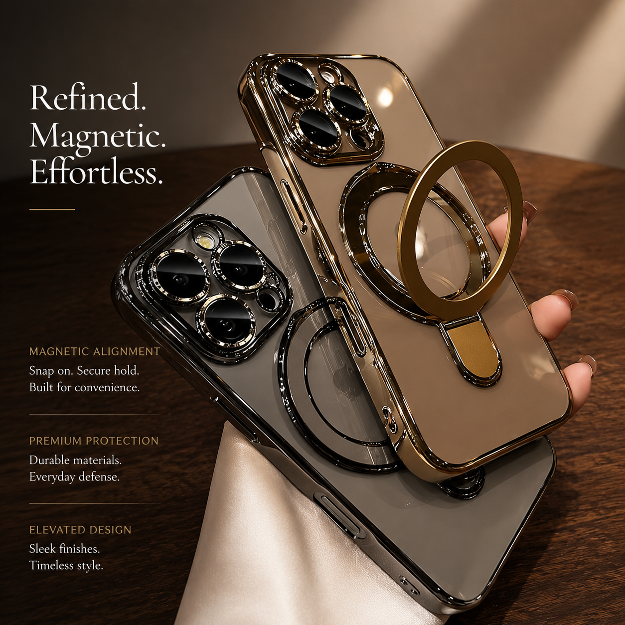 Premium iPhone Case MagSafe Compatible Transparent Acrylic Plating Cover Stand Holder Shockproof PC Bumper Magnetic Wireless Charging Slim Design