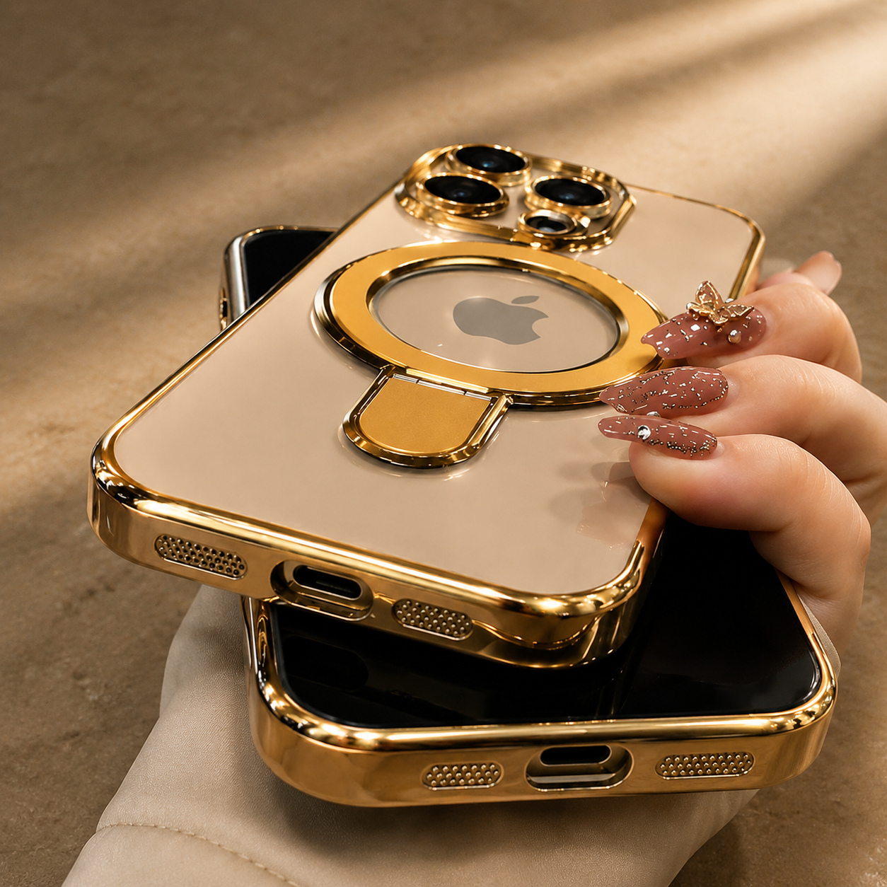Premium iPhone Case MagSafe Compatible Transparent Acrylic Plating Cover Stand Holder Shockproof PC Bumper Magnetic Wireless Charging Slim Design
