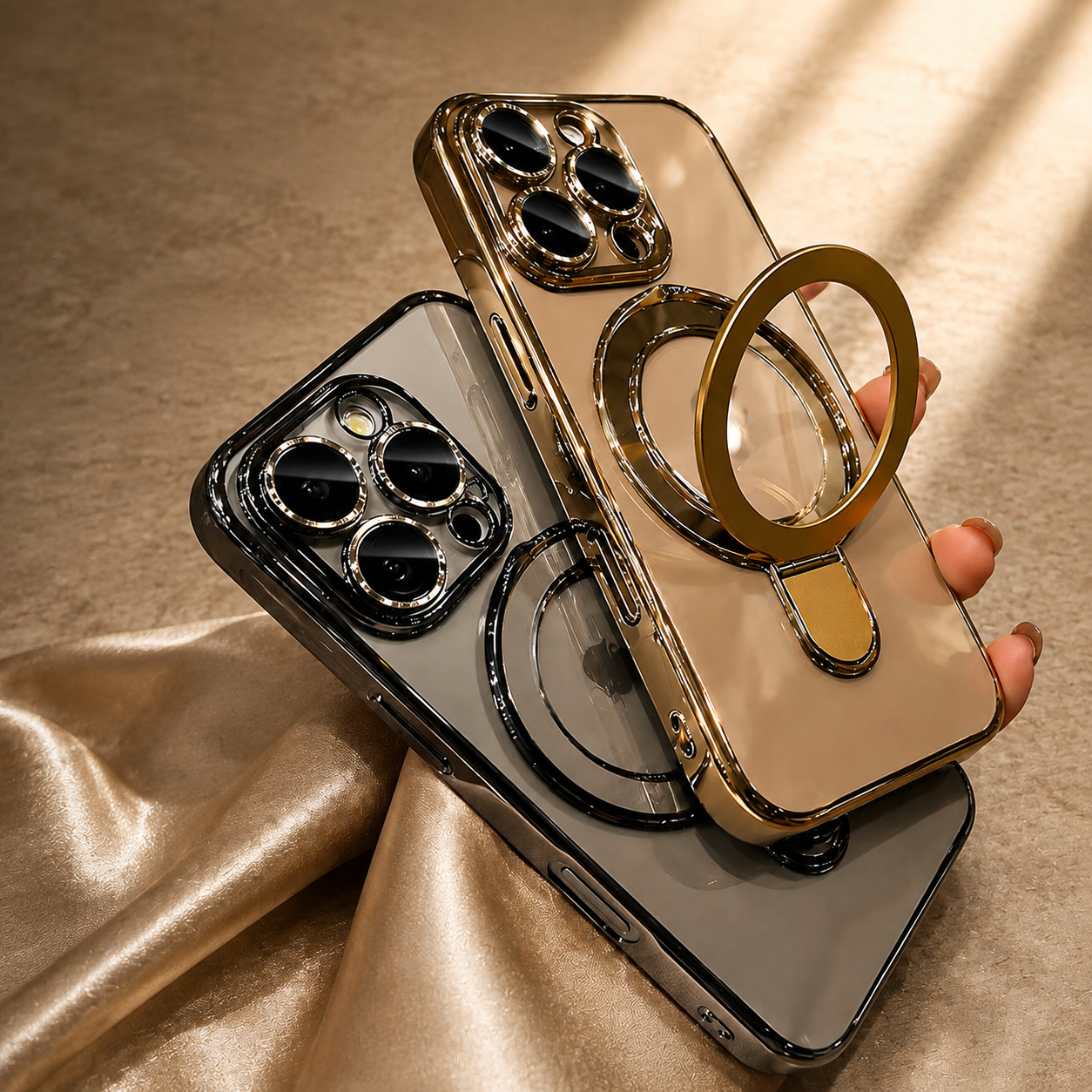 Premium iPhone Case MagSafe Compatible Transparent Acrylic Plating Cover Stand Holder Shockproof PC Bumper Magnetic Wireless Charging Slim Design