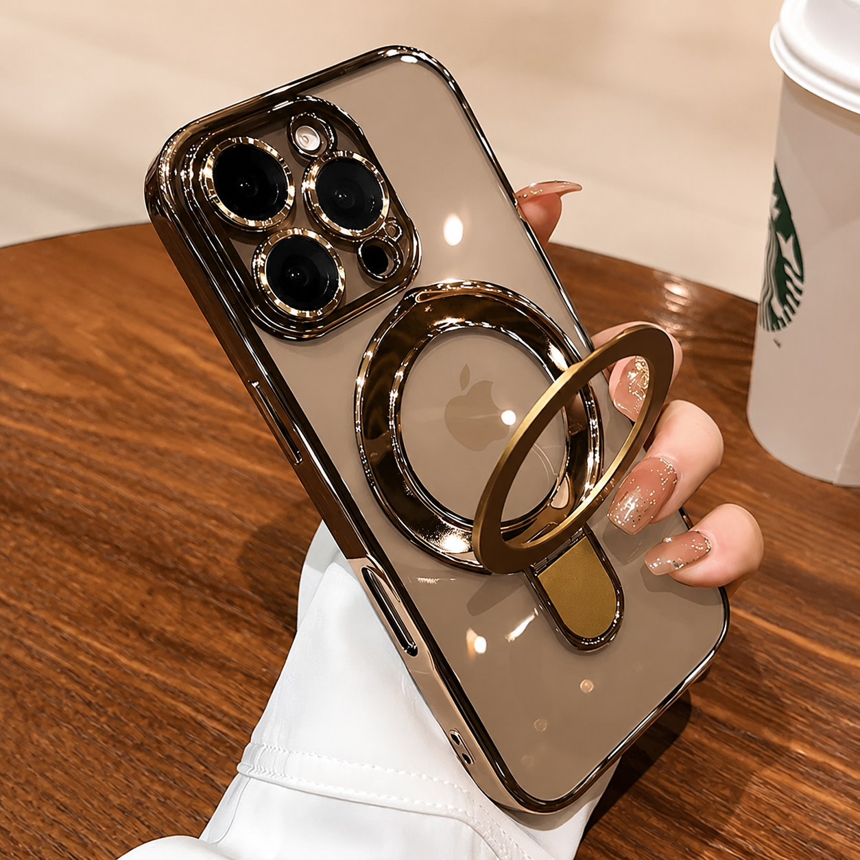 Premium iPhone Case MagSafe Compatible Transparent Acrylic Plating Cover Stand Holder Shockproof PC Bumper Magnetic Wireless Charging Slim Design