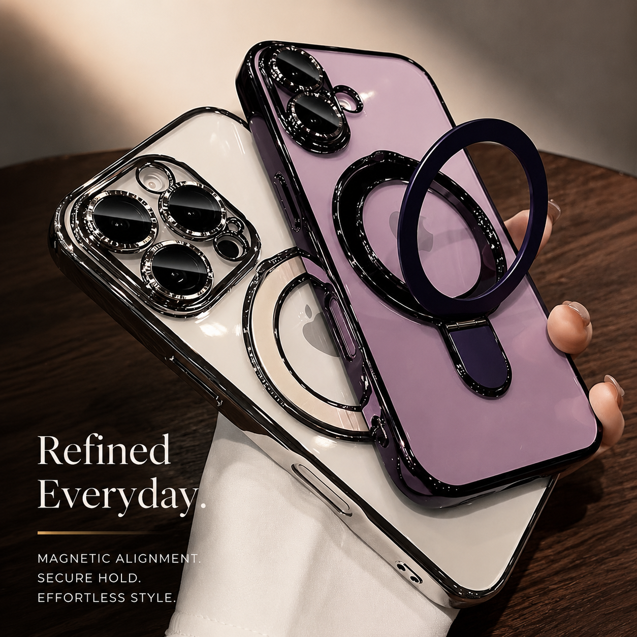 Premium iPhone Case MagSafe Compatible Transparent Acrylic Plating Cover Stand Holder Shockproof PC Bumper Magnetic Wireless Charging Slim Design