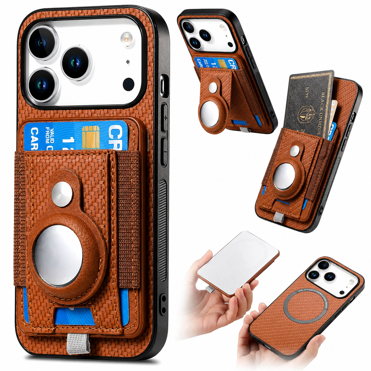 Premium iPhone Case MagSafe Compatible Wallet Cover AirTag Card Holder PC TPU Shockproof Anti Scratch Non Slip Protective Design Slim Durable