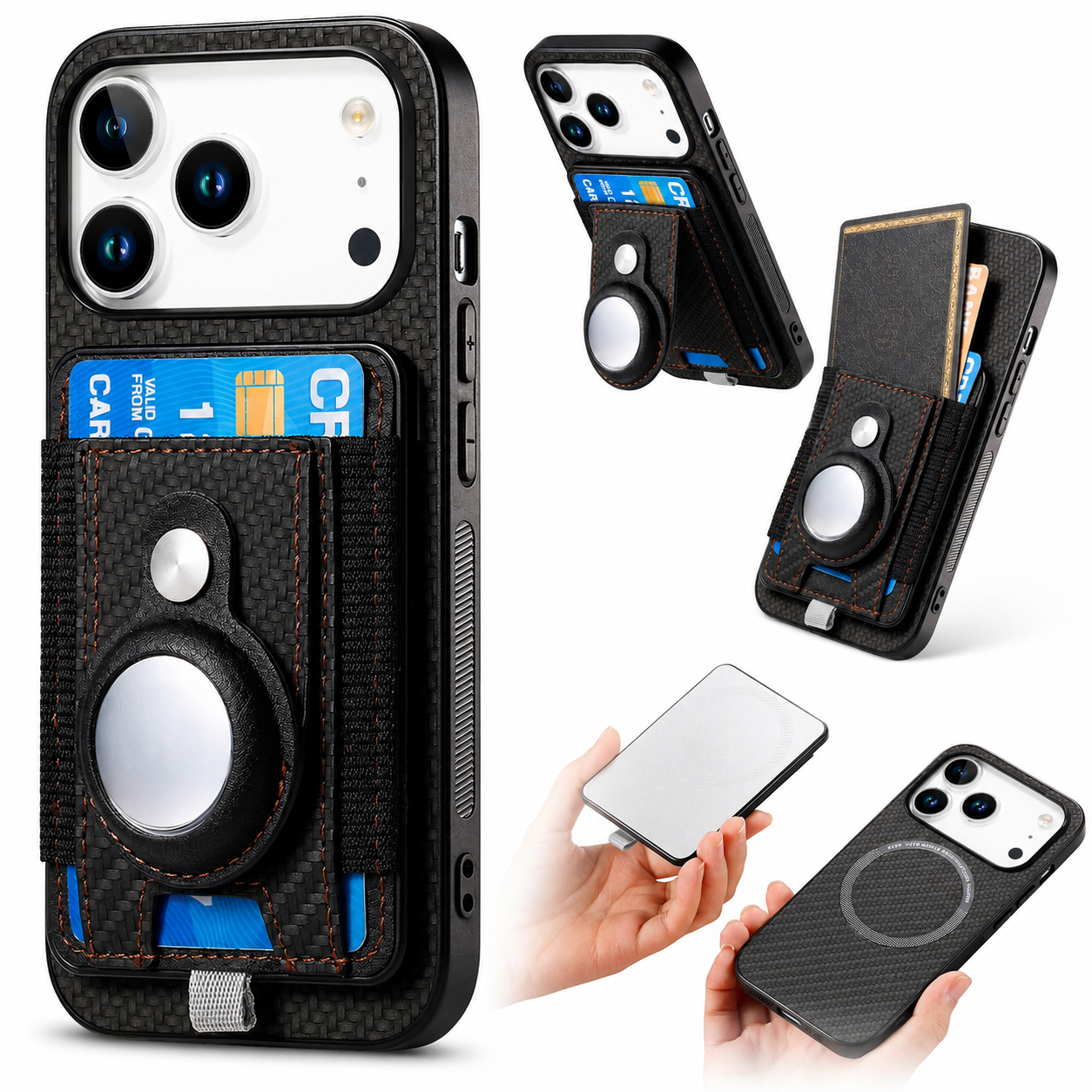 Premium iPhone Case MagSafe Compatible Wallet Cover AirTag Card Holder PC TPU Shockproof Anti Scratch Non Slip Protective Design Slim Durable