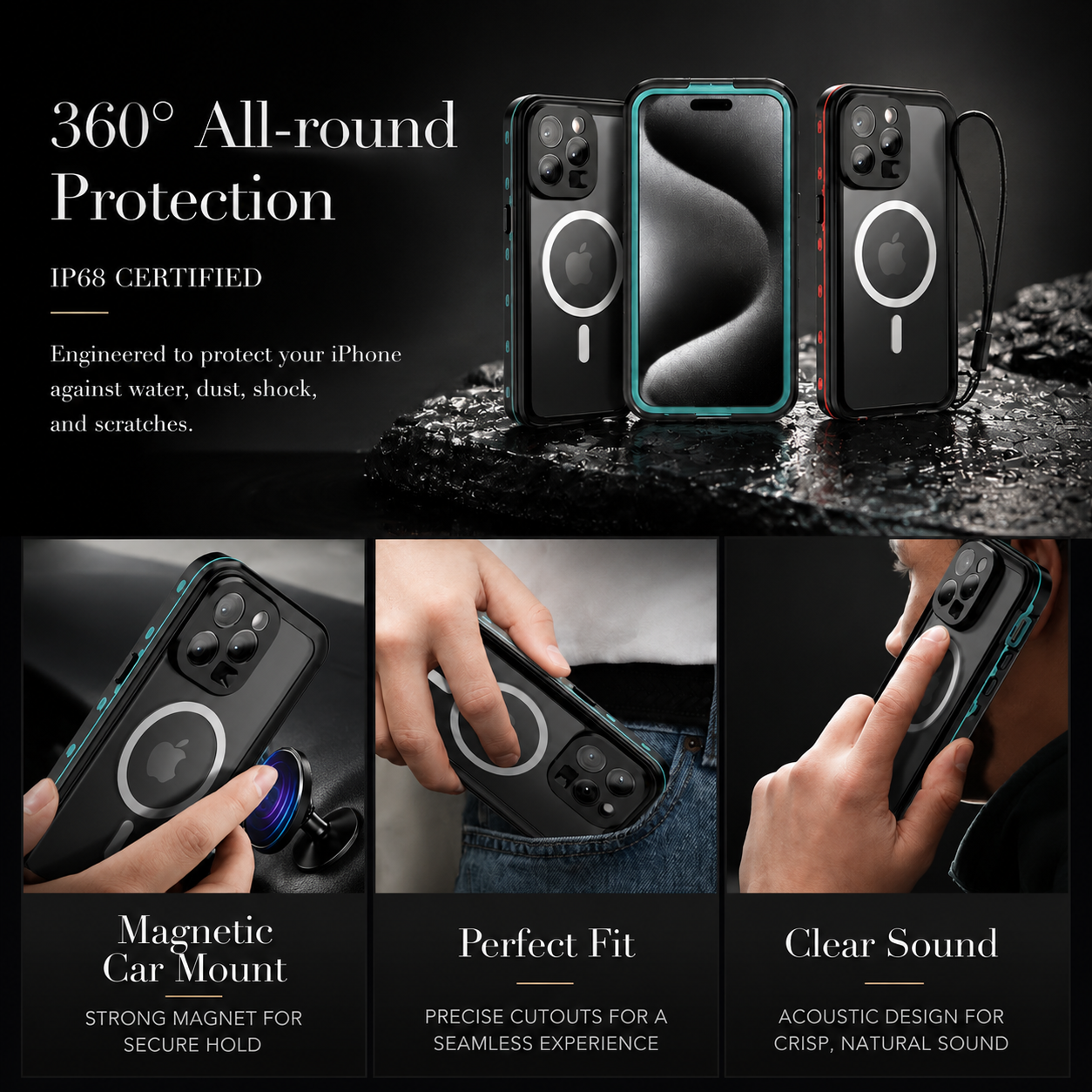 Premium iPhone Case MagSafe Compatible Waterproof IP68 Protective Cover 360 Full Body Shockproof Rugged Anti Scratch Dustproof Camera Protection Design