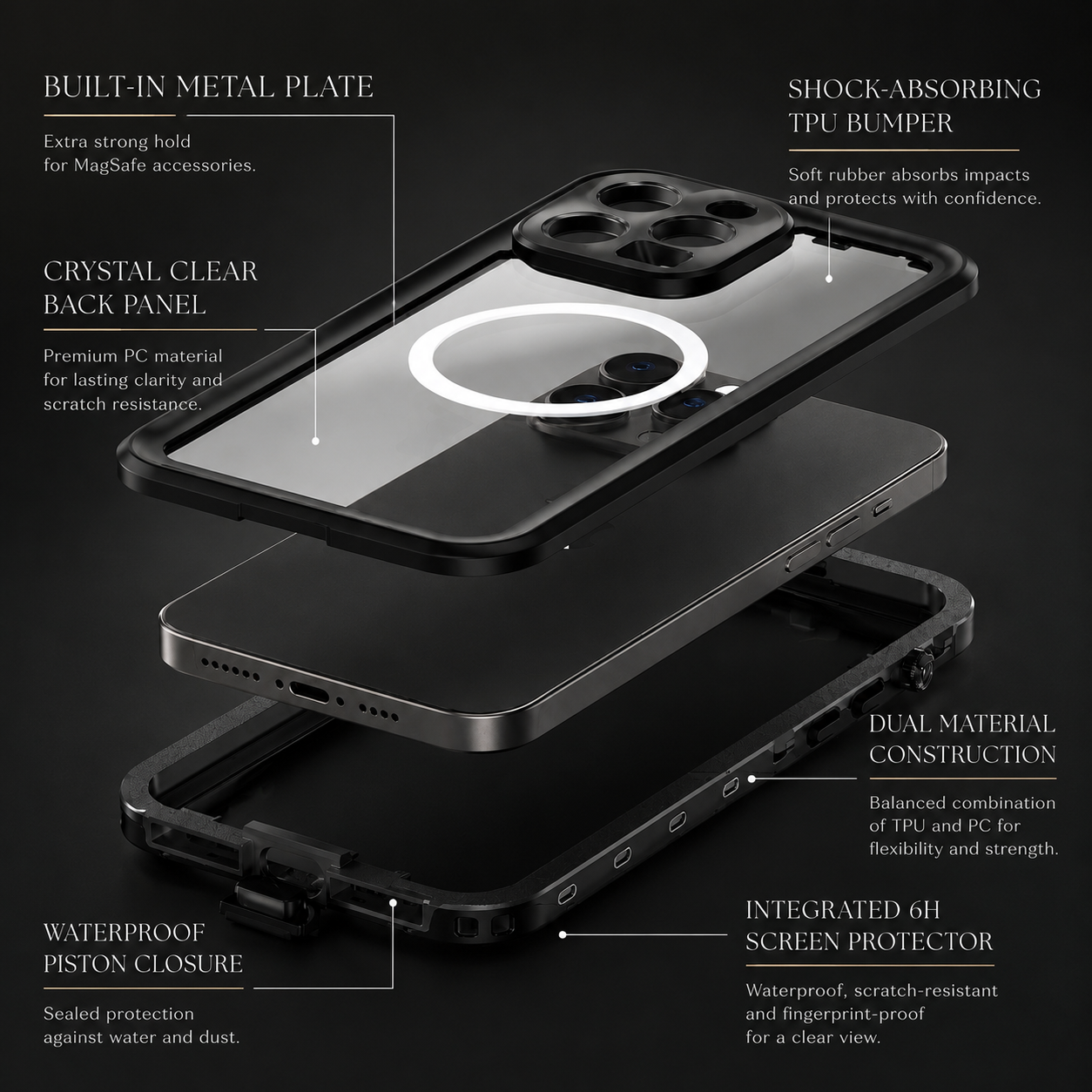 Premium iPhone Case MagSafe Compatible Waterproof IP68 Protective Cover 360 Full Body Shockproof Rugged Anti Scratch Dustproof Camera Protection Design