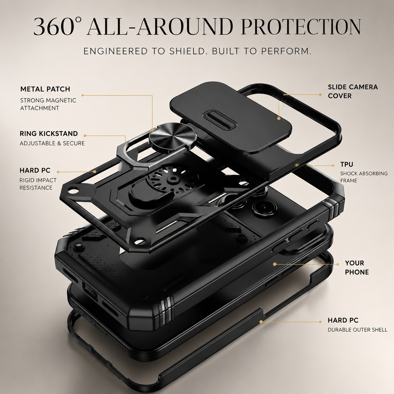 Premium iPhone Case Magnetic Armor Shockproof Protective Cover 360 Degree Rotating Ring Holder Camera Lens Protection Anti Scratch Full Coverage